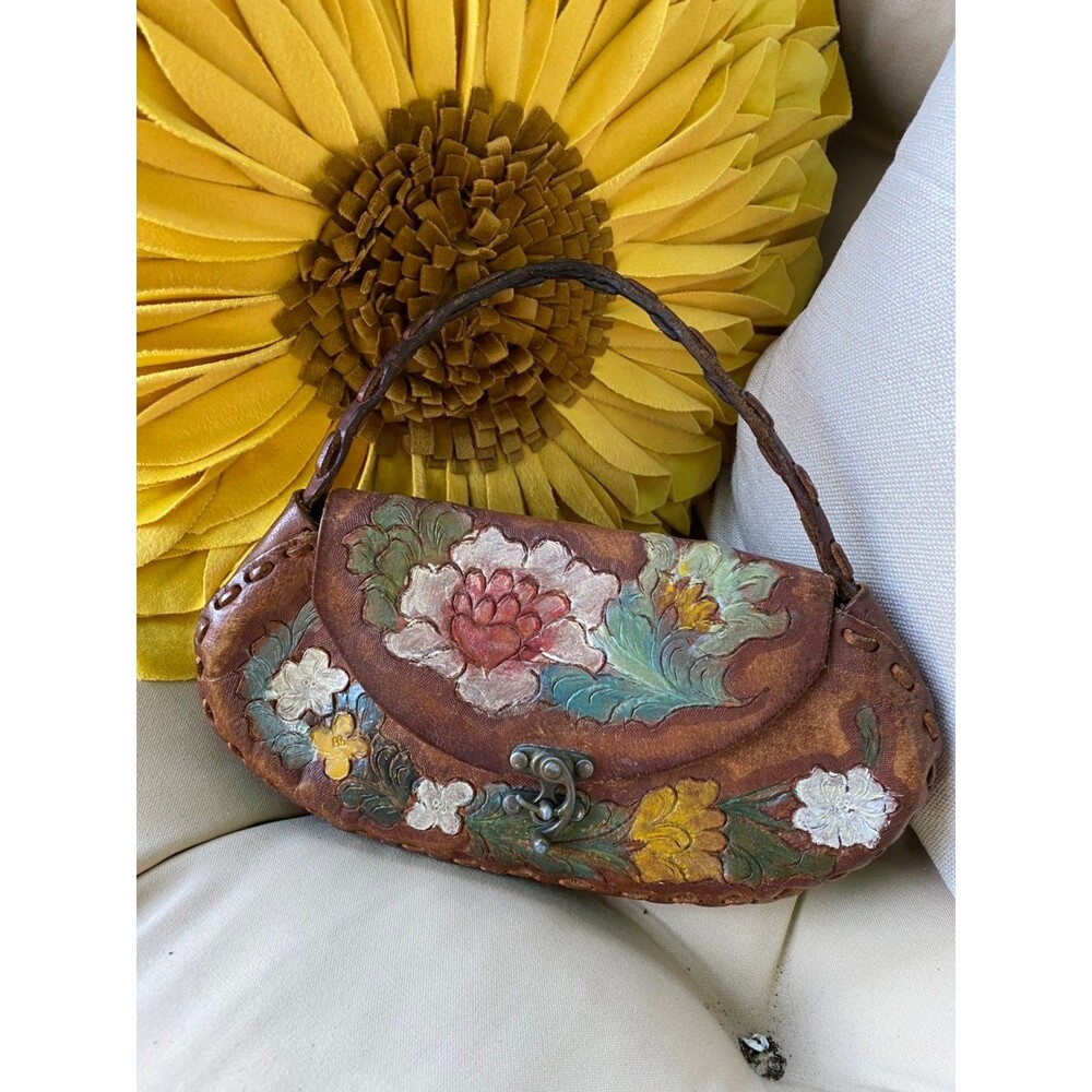 Handcrafted Wabag small Leather Floral Handbag, Vintage style Boho